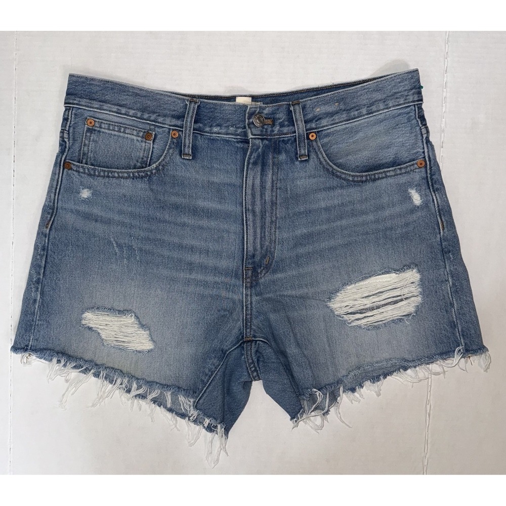 Madewell Relaxed Mid-Length Denim Shorts 30 Distressed Raw Hem Oversized Fit